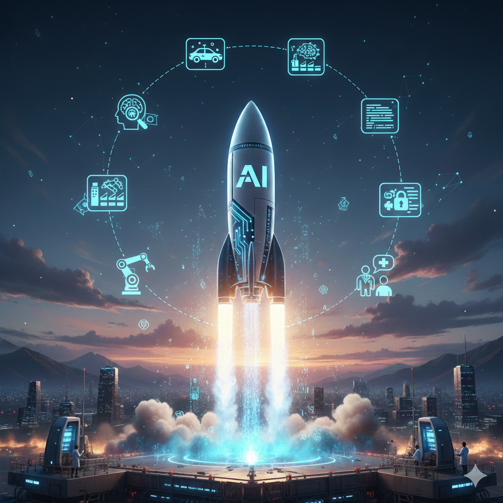 Rocket taking off with use-case symbols